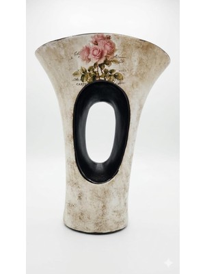 Vera Concept Store Vintage Gül Desenli Seramik Vazo - Modern Oval Tasarım Dekoratif Çiçek Vazosu - Eskitme Dokulu Salon ve Masa Üstü Objesi - 25 cm