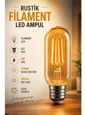 Vera Concept Store T45 Gemici Rustik Filament LED Ampul, E27 Dekoratif Vintage, Sıcak Gün Işığı 2700K, 4W, 280 Lm