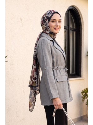 Moda Morfo Tünel Bağcıklı Cep Detaylı Keten Görünümlü Kimono -Açık Gri