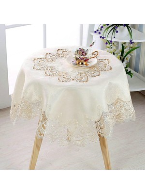Vera Concept Store Bej Masa Örtüsü, Yuvarlak, Çiçekli Dantel Masa Örtüsü, Polyester, 150