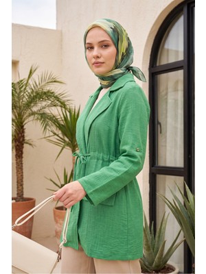 Moda Morfo Tünel Bağcıklı Cep Detaylı Keten Görünümlü Kimono -Acık Yeşil