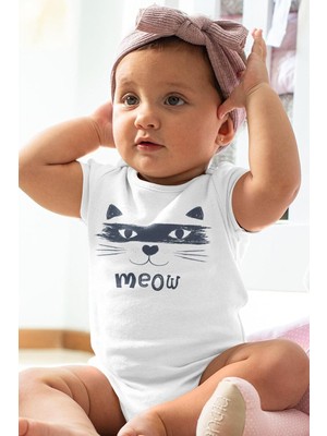ORGANIK%100 Pamuk Kedi Meow Baskılı Kısa Kollu Bebek Çıtçıtlı Body Badi Zıbın Tulum 5389