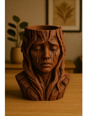 Dolozena 3D Baskı Ağlayan Kadın Büst Saksı - Sanatsal Dekoratif Saksı - Kahverengi