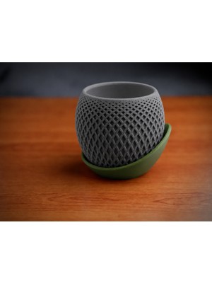 Dolozena 3D Baskı Küre Saksı - Kafes Dokulu Iki Parçalı Dekoratif Saksı - Gri-Yeşil