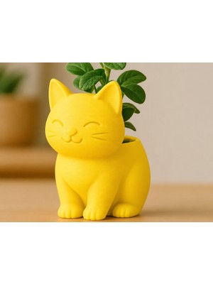 Dolozena 3D Baskı Sevimli Kedi Saksı - Figürlü Sukulent Saksısı-Sarı
