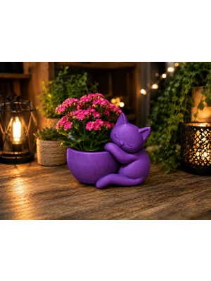 Dolozena 3D Baskı Sarılan Kedi Saksı - Sevimli Dekoratif Saksı - Mor