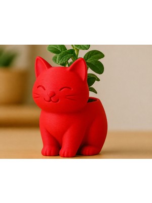 Dolozena 3D Baskı Sevimli Kedi Saksı - Figürlü Sukulent Saksısı-Kırmızı