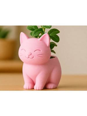 Dolozena 3D Baskı Sevimli Kedi Saksı - Figürlü Sukulent Saksısı-Pembe