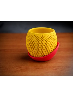 Dolozena 3D Baskı Küre Saksı - Kafes Dokulu Iki Parçalı Dekoratif Saksı - Sarı-Kırmızı