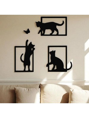 Dolozena 3D Baskı Kedi ve Kelebek Duvar Dekoru 3'lü Set Siyah Kedi Silüeti Duvar Süsü