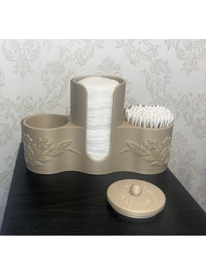 Dolozena 3D Baskı Makyaj Pamuğu ve Kulak Çubuğu Tutucu Çiçek Desenli Kapaklı Banyo Organizeri Bej
