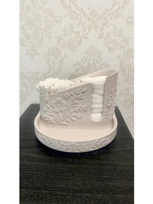 Dolozena 3D Baskı Çiçek Kabartmalı Makyaj Pamuğu ve Kulak Çubuğu Tutucu Takı Tepsili Banyo Düzenleyici - Krem Beyaz