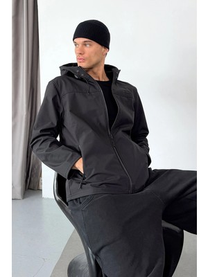 Erkek Kapüşonlu Fermuarlı Softshell Mont Siyah -  27K 6044-1