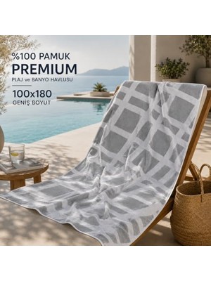 Taya HOME%100 Pamuk Premium Plaj Havlusu 100X180 cm Büyük Boy Yüksek Emici Yumuşak Deniz Havlusu Gri Beyaz