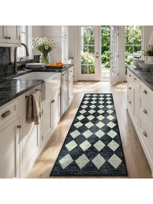 Fas Geometrik Yolluk Halı - 2 x 6 Yıkanabilir Siyah Banyo Yolluk Halı Çamaşır Odası Halı Yol