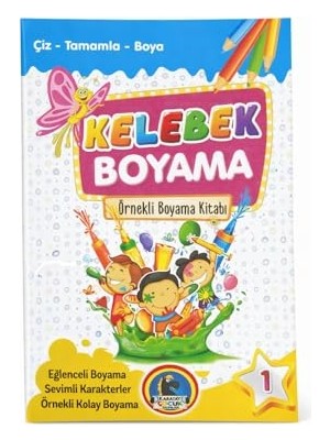 Çocuk Kelebek Resim Boyama Kitabı, 2'li Set, Örnekli, 32 Sayfa, 6 Renkli Kalem Dahil, Çiz-Tamamla-Boya