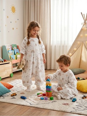 Kollu Yazlık Tek Kat Müslin Uyku Tulumu, 0.5 Tog, %100 Pamuk, Bej Gökkuşağı, 6-12 Ay