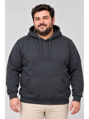 İkales Ikales Erkek Battal Büyük Beden Üç Iplik Içi Şardonlu Kapüşonlu Kanguru Cepli Kışlık Sweatshirt - Füme
