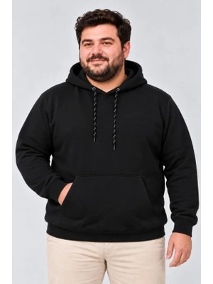 İkales Ikales Erkek Battal Büyük Beden Üç Iplik Içi Şardonlu Kapüşonlu Kanguru Cepli Kışlık Sweatshirt - Siyah