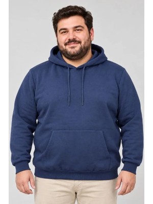 Buğrahayalin Erkek Battal Büyük Beden Üç Iplik Içi Şardonlu Kapüşonlu Kanguru Cepli Kışlık Sweatshirt - Lacivert