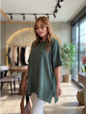 İkales Ikales Kadın Bisiklet Yaka Kısa Yarasa Kollu Yanları Yırtmaçlı Oversize Dökümlü Merserize Bluz