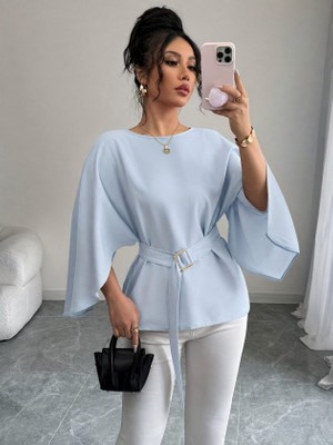 Ulak Hand Mader Ulak Handmader Kadın Uzun Kollu Yuvarlak Yakalı Yarasa Kollu Belden Kuşaklı Atlas Bluz