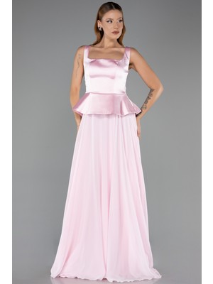 Abiyefon Saten Kare Yaka Peplum Uzun Şifon Abiye Elbise ABU6568