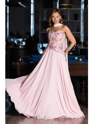 Abiyefon Payetli Straplez Yaka Peplum Uzun Şifon Abiye ABU6391
