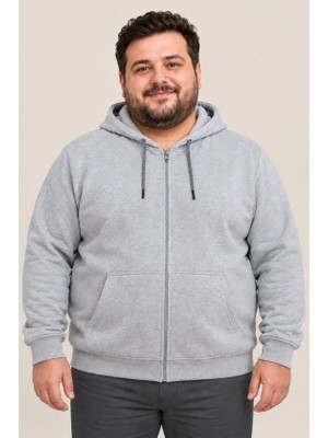 Ulak Hand Mader Ulak Handmader Erkek Battal Büyük Beden Üç Iplik Içi Şardonlu Kapüşonlu Tam Fermuarlı Kışlık Sweatshirt - Gri