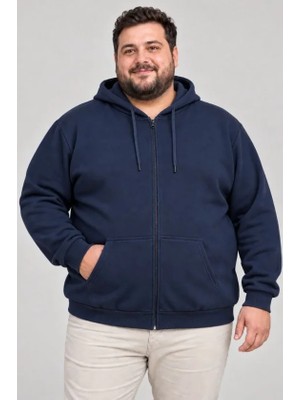 Bet's  Erkek Battal Büyük Beden Üç Iplik Içi Şardonlu Kapüşonlu Tam Fermuarlı Kışlık Sweatshirt - Lacivert