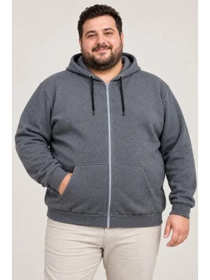 Pusula Sepeti Erkek Battal Büyük Beden Üç Iplik Içi Şardonlu Kapüşonlu Tam Fermuarlı Kışlık Sweatshirt - Füme