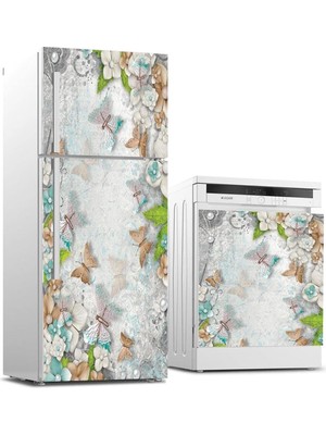 Prime Buzdolabı ve Bulaşık Makinası Beyaz Eşya Kaplama 3D Çiçek Kelebek