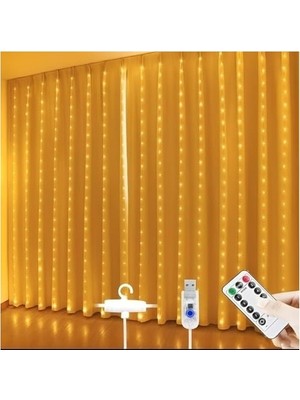 Prime 3x3 Metre Perde LED Işık, 300 Ledli 10 Sarkıtlı Dekoratif Led, Uzaktan Kumandalı ve 8 Fonksiyonlu, USB Girişli Günışığı (Sarı) Duvar ve Perde Ay