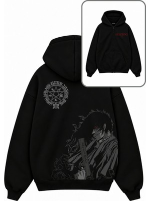 Fuddy Moda Unisex Oversize Hellsing Alucard Sırt Baskılı Kapüşonlu Fermuarlı Anime Zip Hoodie