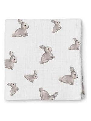 Muslin Bebek ÖRTÜSÜ,%100 Pamuk, Beyaz, 120X120 Cm, Iconique Lapin Desenli, Oeko-Tex Sertifikalı