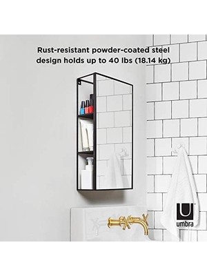 Cubiko 24X12 Inç Dikdörtgen Siyah Metal Banyo Aynası Depolama Dolabı 3 Raflı