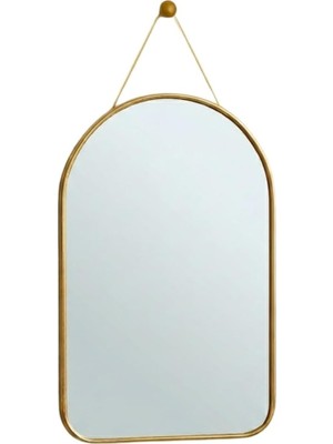 Dekoratif Duvar Aynası, 23X40 Cm, Ince Goldmetal Çerçeve, Kemer Tasarım, Sarı Askı Ipli, Modern Stil, Antre ve Banyo Için