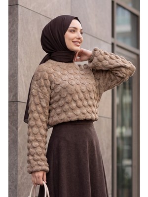 Moda Morfo Bisiklet Yaka Balık Pulu Desenli Salaş Triko Kazak -Vizon