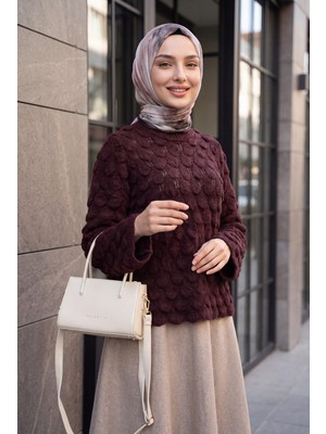Moda Morfo Bisiklet Yaka Balık Pulu Desenli Salaş Triko Kazak -Bordo
