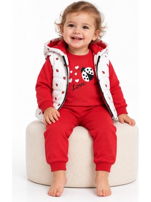 Minitix Kız Bebek Uğur Böceği Baskılı 3 Parça Takım – Kapüşonlu Kapitone Yelek, Sweatshirt ve Pantolon