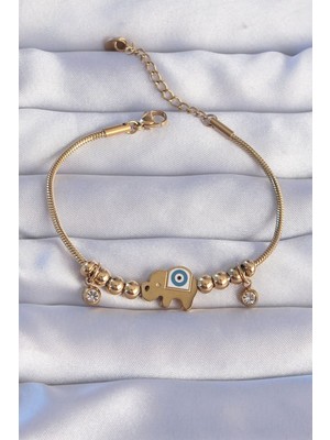 Epilons 316L Çelik Gold Renk Zirkon Taşlı Nazarlı Fil Tasarımlı Bileklik TJ-BB6202