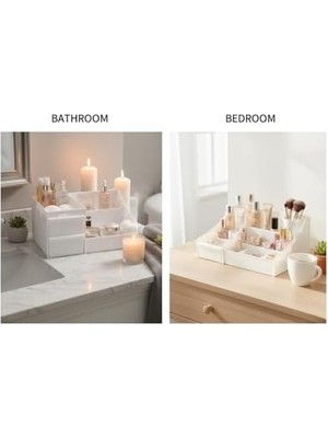 Çekmeceli Beyaz Organizer – Çok Bölmeli Masaüstü ve Makyaj Organizeri, Kozmetik, Ofis ve Banyo Düzenleyici, Dayanıklı Plastik, Modern Tasarım