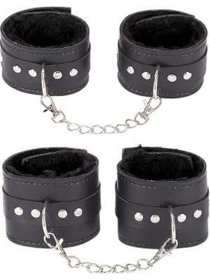 Sınırsızmarket Siyah Deri Kelepçe Seti, Peluş Astarlı, Metal Zincirli, Bileklik ve Ayak Bileği Kelepçesi, 2'li Set