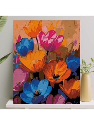 Hobi Sanat Sayılarla Boyama Tuval Seti Fırça Boya Dahil (Çıtalı) 40X50 cm - Renkli Çiçekler