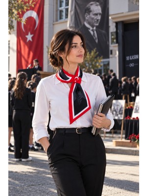 Walkenzo ATA-001 Atatürk Portreli ve Imzalı Ay Yıldız Tasarım Kravat / Eşarp / Fular - Siyah-Gri