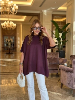 Kadın Bisiklet Yaka Kısa Yarasa Kollu Yanları Yırtmaçlı Oversize Dökümlü Merserize Bluz