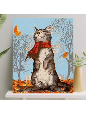 Hobi Sanat Sayılarla Boyama Tuval Seti Fırça Boya Dahil (Çıtalı) 40X50 cm - Kedi ve Sonbahar