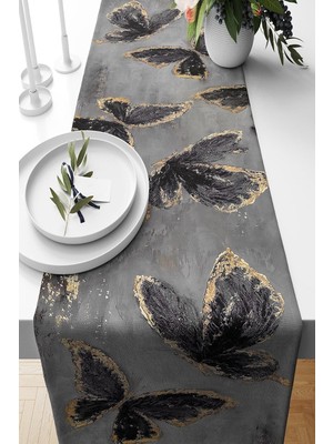 Str Store Pelangi Gri Gold Uçuşan Kelebekli Leke Tutmaz Kumaş Salon Mutfak Masa Değişik Ranır Modelleri Runner, Gold-Krem 40 x 140