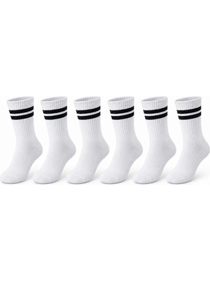 Unisex Beyaz Çorap Siyah Çizgili 6'lı Set Uzun Soket Günlük Spor Kolej Stil Rahat Kadın Erkek Çorabı