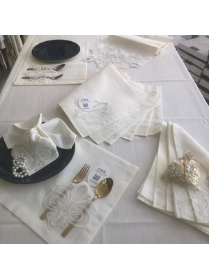 Sofra Takımı Taç Gardenya Keten Yemek Takımı 160X260 Masa Seti 26 Parça Runner Set Krem
